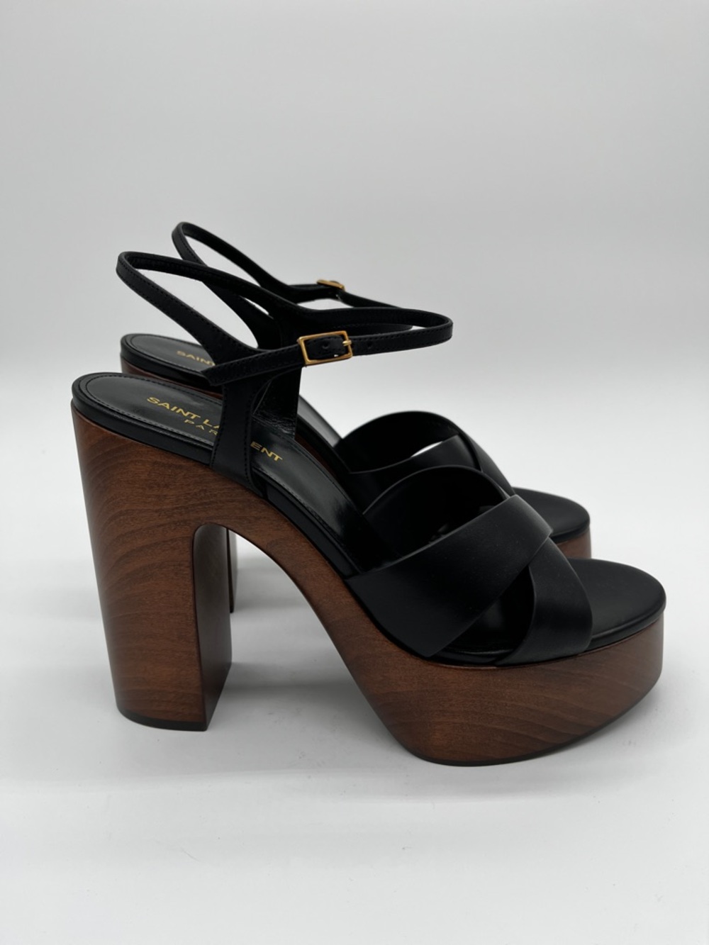 Saint Laurent Bianca Platform Sandals Black Leather Woodgrain heels - US 11 (EU - Picture 9 of 15
